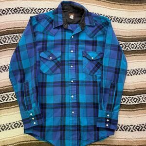 Men's Vintage 90's Karman Blue Purple Pearl Snap Long Sleeve Shirt Sz Medium VTG